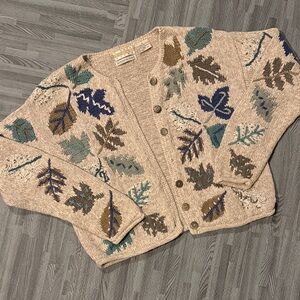 Sigrid Olsen Leaf Embroidered Cardigan - Beige and Blue